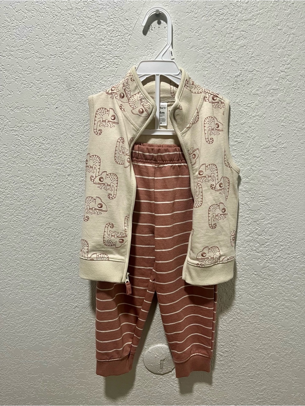 Carter’s Cream Chameleon Print Vest with Mauve Striped Pants